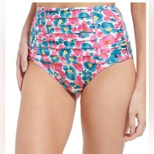 Calvin Klein Floral-Print Pleated High-waisted Bikini Bottoms NWT Cypress‎ XL